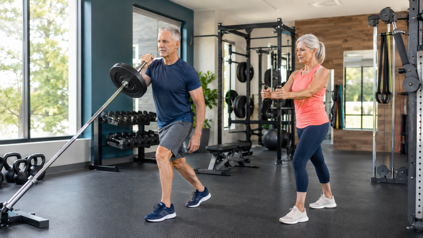 Adults over 50 performing a landmine press and resistance-band training with controlled form